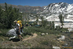 Rich, Sam and Jess walking up to Hidden Lake, East ridge of Conness and Saddlebag Lake in the distance