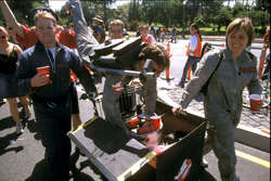 Mike kegstanding, with Jess