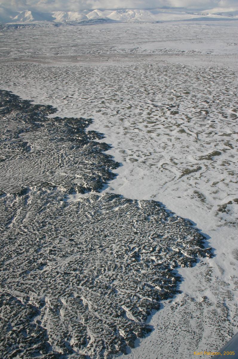 The snow makes it really easy to see the edges of lava flows