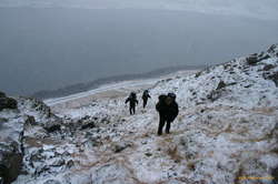 Sky, Josh and Chris hiking up the gully