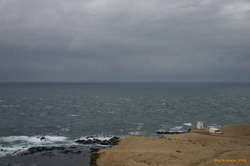 Shoals and foreboding weather in front of the Látrabjarga lighthouse