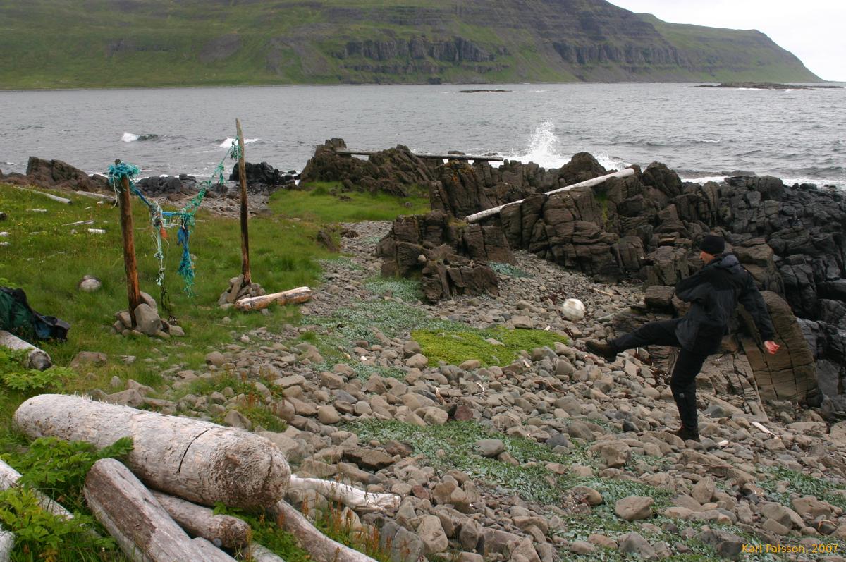 Wolfgang shoots, FC Bolungarvík.  All equipment provided by the sea, (Including the ball)