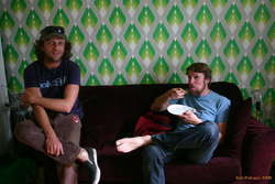 Craig and Karl eating waffles in the lounge