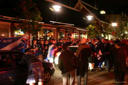 Happy fans outside Victor