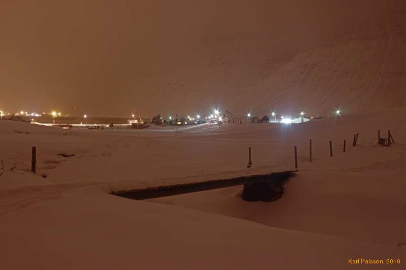 Góastaðir's home field at night, under a fresh blanket.