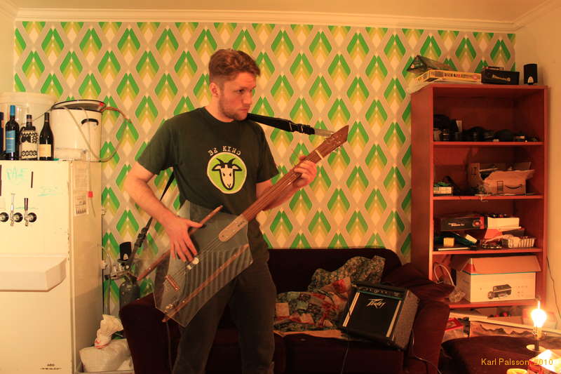 Posing with the guitar of doom