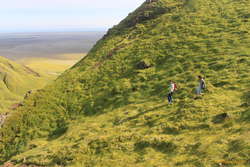 Davis and Abi descending the mossy green staircase