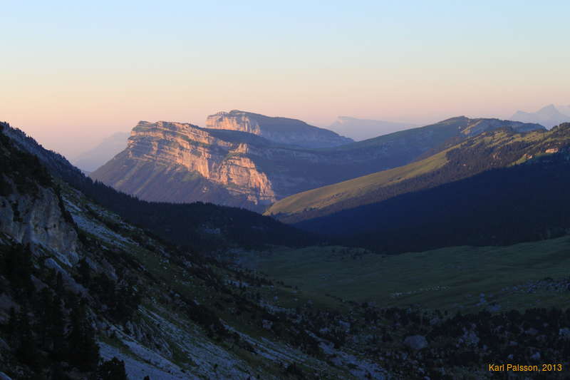 Sunset view north over the Rochers de Fouda Blanc towards Mount Granier.  We walked up into the gentle saddle in the middle and down and out left between the two.